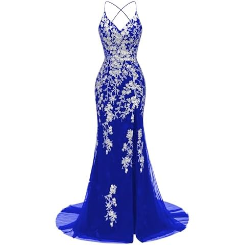 Rjer Lace Applique Sparkly Tulle Prom Dresses with Slit Spaghetti Strap Criss Cross Mermaid Backless Formal Evening Gown Royal Blue 0 Cover