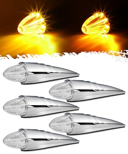 Partsam 5PCS Amber Torpedo Cab Marker Lights, Chrome Roof Running Lights, LED Top Clearance Lights with Dual luminance Compatible with International/Peterbilt/Freightliner/Mack, DOT Compliant