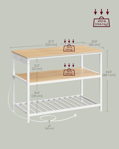 Image of VASAGLE Kitchen Island with 3 Shelves, Kitchen Shelf with Power Strip, 23.6 x 47.2 x 34.9 Inches, Large Worktop, Steel Structure, Industrial, Easy to Assemble, Oak Color and White UKKI101Y01