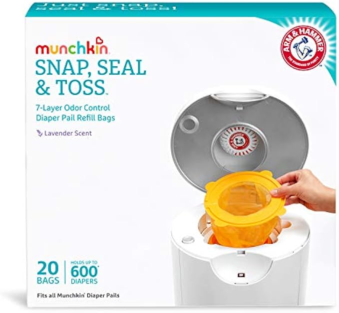 Munchkin Arm and Hammer Diaper Pail Snap, Seal and Toss Refill Bags, Holds 600 Diapers, White 20 Count