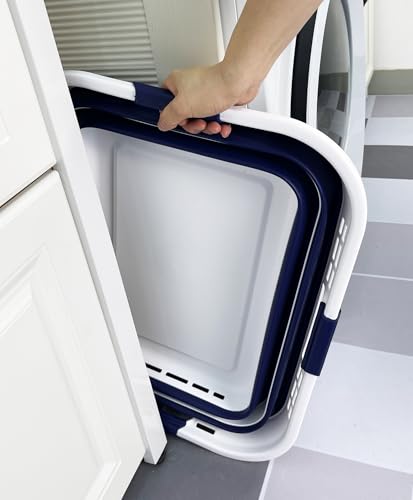 Image of SAMMART Set of 2 Collapsible Plastic Storage Basket - Foldable Pop Up Storage Container - Portable Laundry Organizer - Space Saving Hamper (White /Starry Blue, 42L (Style A))