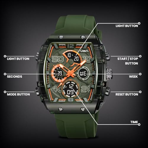 Image of V2A Impact-AXON 3103 Analog-Digital Watch for Men | Unique Tonneau Case & Multi-Layered Dial Design | Bold Fashion Performance Watch with 3 Time Zones, Countdown, 50M Water Resistance & Backlight