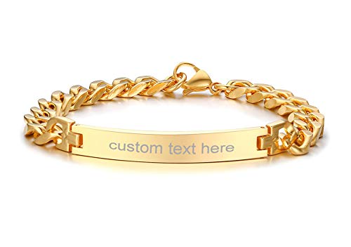 Personalized Engravable Stainless Steel Curb Chain ID Bracelets for Men Women, Custom Engrave Name Plate Identity ID Bar Bracelets, Customized Gift for girl boy mom dad, Birthday Christmas Gift