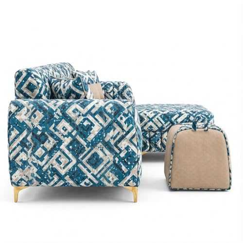 Image of CASASTYLE Signature Velour 4-Seater L-Shape Sofa Set with Movable Ottoman & Suri Pouf | Flexible LHS /RHS Layout | Tapestry Fabric | 40D Foam + Zigzag Spring | 3-Yr Warranty (Lagoon Mosaic Blue)