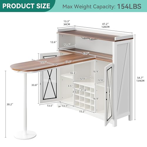 YITAHOME Mini Bar Unit for Home with LED Light & Wine Bar Cabinet, Large Tall Height Bar Table with Wine Rack, Farmhouse Coffee Station with Storage Glasses Hanger for Kitchen Pub, Walnut & White by YITAHOME - Image 6