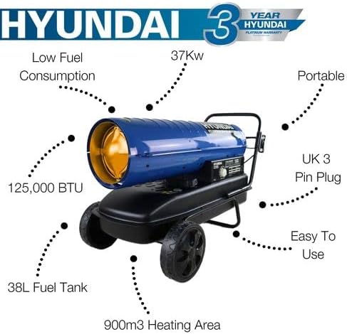 Hyundai Diesel Heater/Kerosene Space Heater, 37kw, 125,000btu, 290w, Heating Area Of 900m3, Adjustable Thermostat, Wheeled, Large Fuel Tank, 3 Year Warranty
