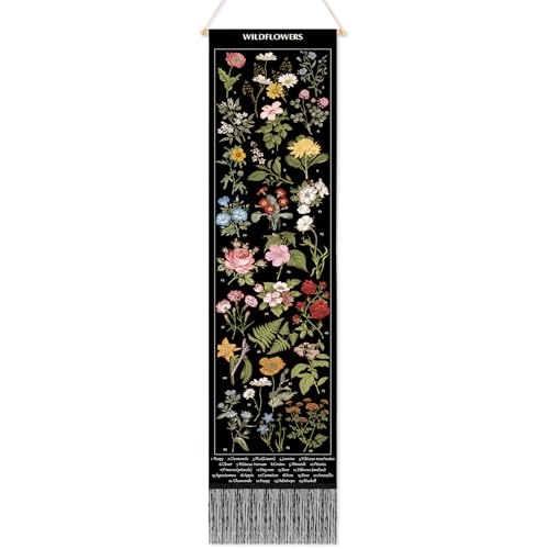 Geetery Vintage Floral Vertical Tapestry Wall Hanging Decor Long Flower Narrow Botanical Fabric Wall Art Hanging Reference Illustrative Tassel Tapestry for Bedroom Living Room Home Decor Gift(Black)