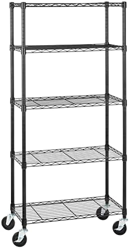 Amazon Basics 5-Shelf Adjustable, Heavy Duty Storage Shelving Unit on 4'' Wheel Casters, Metal Organizer Wire Rack, Black, 30" L x 14" W x 64.75" H