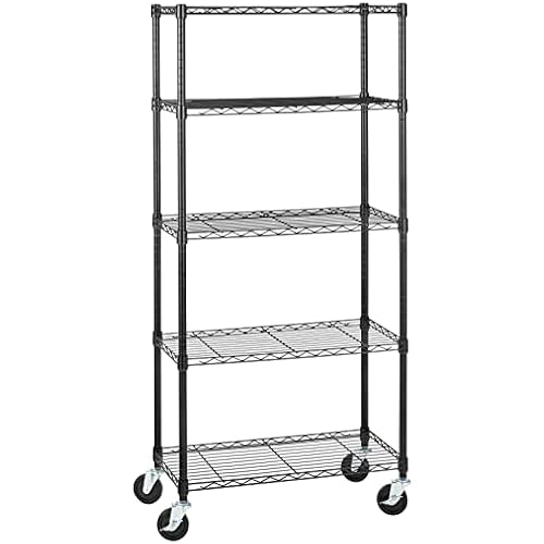 Amazon Basics 5-Shelf Heavy Duty Garage Shelving Storage Rack with 4" Wheel Casters, Adjustable Metal Wire Organizer, 300 lbs Per Shelf, 30" x 14" x 64.75", Black