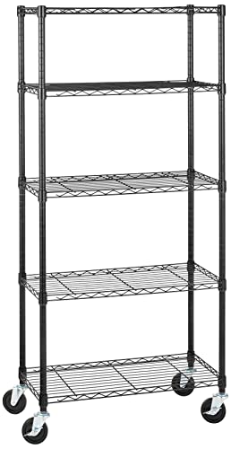 Amazon Basics Regał magazynowy z 5 półkami, na kółkach 10,2cm, półki z regulacją wysokości i nóżki poziomujące, maksymalna waga 680kg, czarny, 35,6cm x 76,2cm x 162,2cm (gł. x szer. x wys.)
