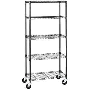 Amazon Basics 5-Shelf Medium Storage Unit on 4-inch Casters with Height Adjustable Shelves and Levelling Feet – 680kg Max Weight, Black, 76.2 cm D x 35.6 cm W x 164.5 cm H