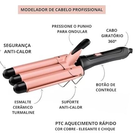 Modelador de Cachos Triondas, Prancha Profissional Onduladora Bivolt com Turmalina Cerâmica, 3 tubos