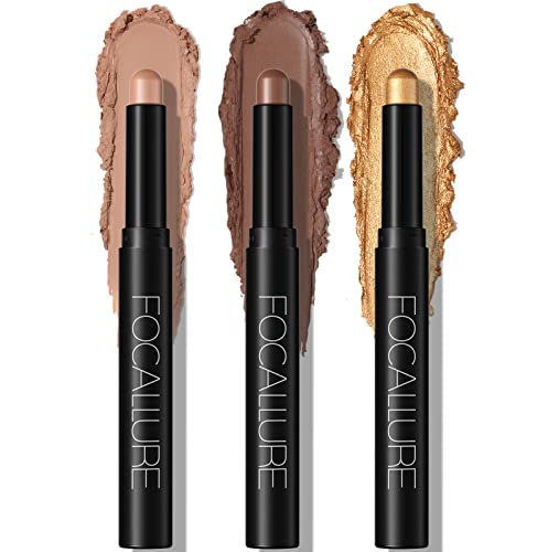 FOCALLURE 3PCS Cream Eyeshadow Stick Sets,Matte and Shimmer Eye Brightener Stick,Light to Dark Orange Eyeshadow Pencil,Long Lasting Waterproof Eye Shadow Highlighter Stick Makeup,Gold Rush