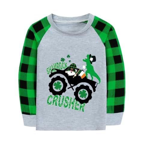 St Patricks Day Shirts for Toddler Boy Girls Green Plaid Long Sleeve Shamrock Crusher Monster Truck Dino Irish Outfits Tops Kids Cotton Tshirt Dino 3T Cover