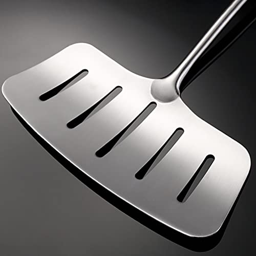 Najmechoy Fish Spatula Long Handle Stainless Steel Shovel Fried Fish Steak Cooking Tool Shovel Thick Wooden Handle Hollow Spatula Silver 7 Inch Wide Head #TOP7