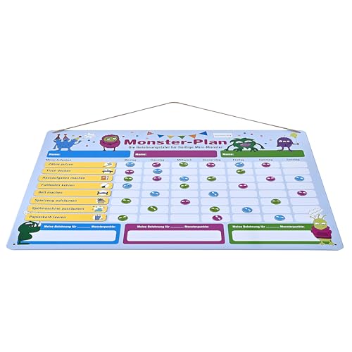 Monster-Plan Belohnungstafel für Kinder – Magnetische Aufgaben- & Motivationstafel aus Metall mit 24 Magneten & abwischbarem Stift – Wochenplan für bis zu 3 Kinder – Lern- & Erziehungshilfe