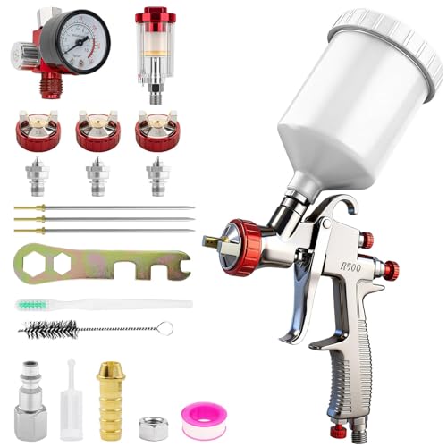 R500 LVLP Air Spray Gun Premium Kit with 1.3/1.5/1.7mm Nozzle & Air Regulator Car Paint Gun Sprayer R500 Paint Guns Automotive for Cars House Painting Furniture DIY (R500 Spray Gun Kit)