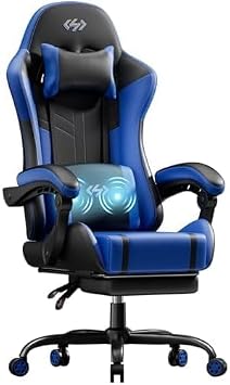 Massage Gaming Chair, Pocket Spring Cushion, Black Blue | Reclining Computer Chair for Adults, Height Adjustable, Headrest, Lumbar Support, Retractable Footrest, High Back Support