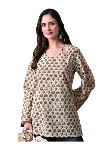 Image of MEERA FAB Women Cotton Printed A-Line Tunic Top with Square Neck | Floral Printed Halter Strap Detail & Bell Sleeves | Short Kurti for Women