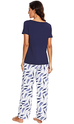 WiWi Viscose from Bamboo Womens Pajamas Set Soft V Neck Sleepwear Short Sleeve Top with Pant Lightweight S-3X2