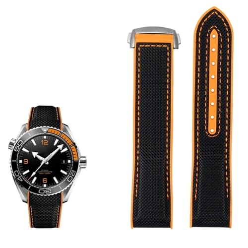 EAMOM 20mm 22mm Nylon Rubber Watchband For Omega SEAMASTER PLANET OCEAN Men Deployant Clasp Strap Watch Accessorie Silicone Watch(Black orange silver,22mm)