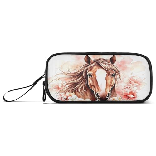 Image of Brown Horse Watercolor Flower Pencil Case Box Boys Girls Large Pencil Pouch Zipper Compartments Big Capacity Stationery Pen Bag Organizer for Kids Teens Adults School Office
