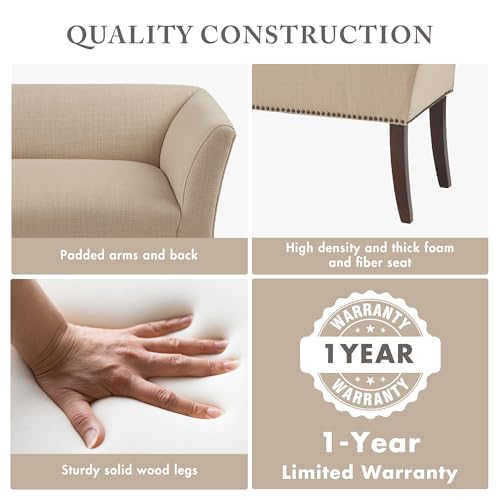 Image of Madison Park Accent Bench, Upholstered with Nailhead Trim, & Padded Seat Entryway Bench Small, End of Bed Bench with Back, 49.5 inch W x 19.25 inch D x 23 inch H, Tan