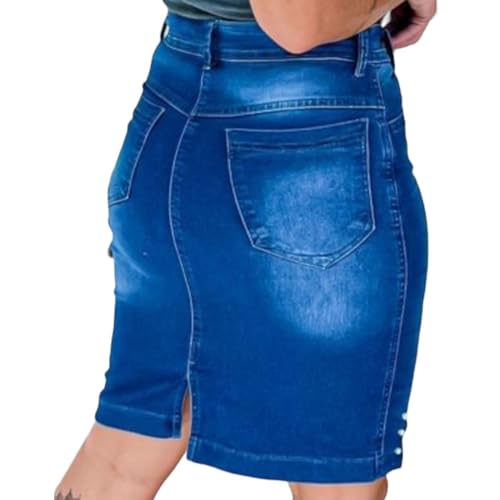 Saia Jeans moda evangélica secretária feminina c/Pérolas barra com renda luxo e Lycra cintura alta l