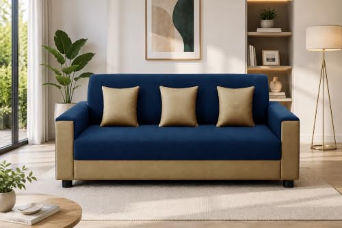 Image of 3 Seater Wooden Sofa | Velvet Fabric Couch with Cushions | Comfortable Living Room Sofa | Sturdy Wooden Frame | Home & Office Furniture | Blue & Beige