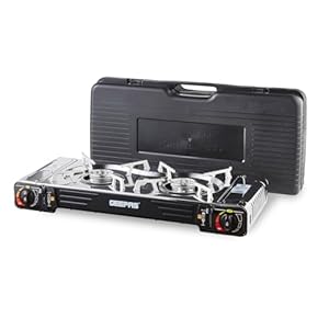Geepas Portable Camping Gas Stove, Double Burner – BBQ Cooker, Outdoor Grill Plate – Automatic Ignition System, Butane Can – BBQ Caravan Outdoor