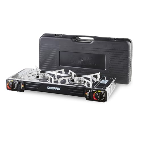 Geepas Portable Camping Gas Stove, Double Burner – BBQ Cooker, Outdoor Grill Plate – Automatic Ignition System, Butane Can - BBQ Caravan Outdoor