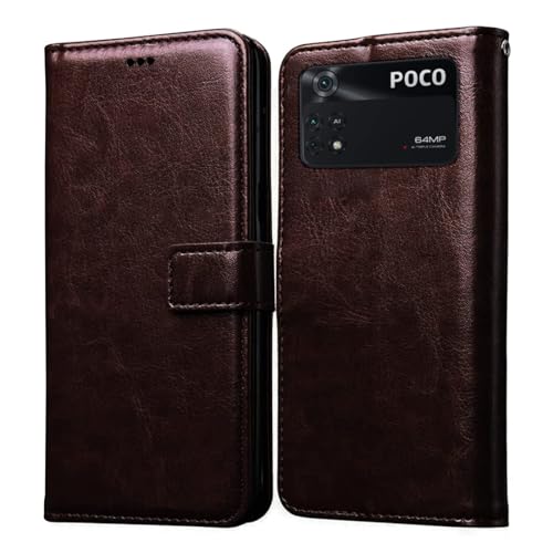 Luxury Counter Back Cover for Mi Poco M4 Pro 4G Italian Vegan Leather Flip Cover | (Flexible, Shock Proof | Hand Stitched Leather Finish | Card Pockets Wallet & Stand | (Coffee/Dark Brown)