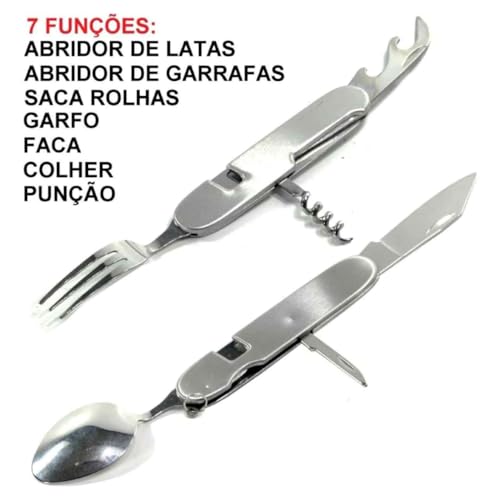 Kit Talher Retrátil Inox 6 Em 1 Garfo Faca Colher Abridor Latas Para Camping Trilha Marmita Passeio