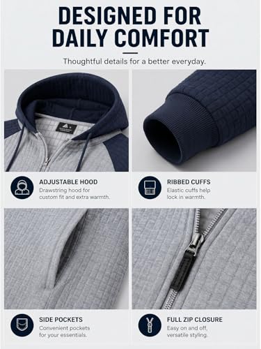 Men's Lightweight Jackets Zip Up Waffle Knit Hoodie Casual Long Sleeve Plaid Jacquard Warm Sweatshirt with Pocket — view 5