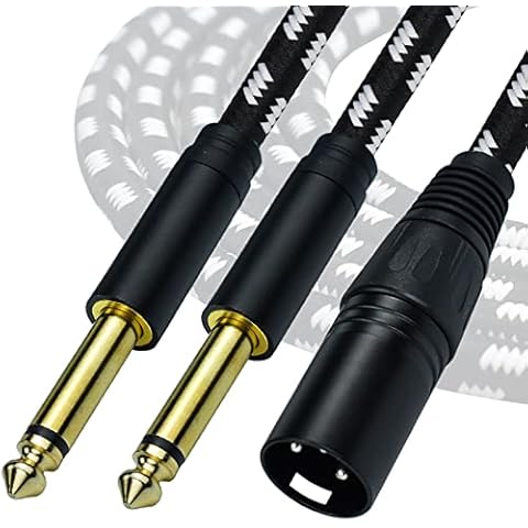 Mugteeve Dual 1/4 TS Mono to XLR Male Y Splitter Cable, 6.6 Feet Stereo L/R Quarter Inch to XLR Instrument Cable, for Mixer, Electric Drum, Keyboard Recording, Nylon Braided, Black White Color Cover