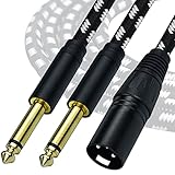 Mugteeve Dual 1/4 TS Mono to XLR Male Y Splitter Cable, 3.3 Feet Stereo L/R Quarter Inch to XLR Instrument Cable, for Mixer, Electric Drum, Keyboard Recording, Nylon Braided, Black White Color