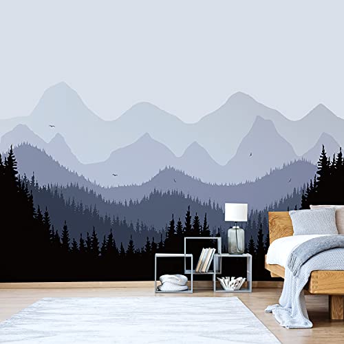 Alwayspon Peel And Stick Fabric Wall Mural Sticker, Self-Adhesive Landscape Wallpaper For Living Room Bedroom Nursery Room Decor, Gray Blue Mountain #TOP21