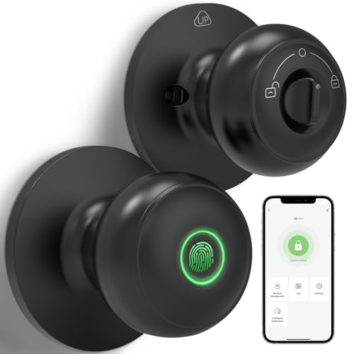 GeekTale Fingerprint Door Lock for Bedrooms Fingerprint Door Knob with Lock Smart Door Lock App Control Back-up Keys Thumbprint Door Knob for Bedrooms Office Apartment
