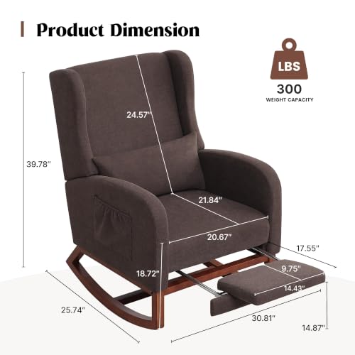 Image of HCHAIRH Rocking Chair Nursery with Foot Rest, Wingback Nursery Rocking Chairs, Nursing Glider Rocker Chair with Pillow for Nursery, Living Room, Bedroom, Dark Coffee