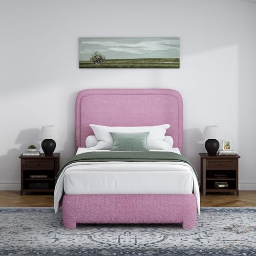 Image of BarnFurin Twin Bed Frame, Cloud Boucle Headboard, Low Profile, Rose Pink