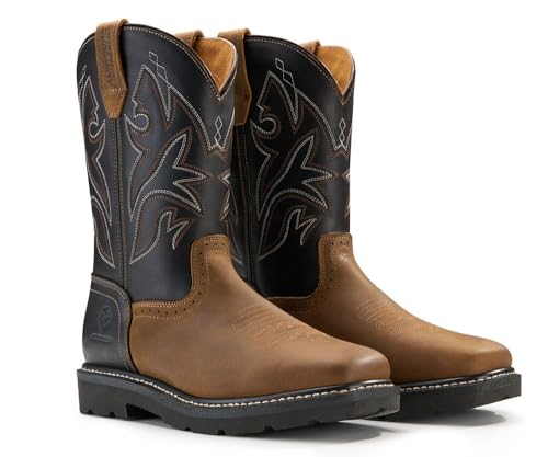 SUREWAY Cowboy Boots - Men’s Square Toe Work Boot,Pull On Leather Wellington Boots,Comfortable Durable Classic Slip Resistant Soft Toe Western Boot - slip on3