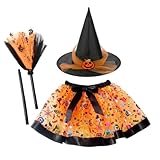 [COSSA] ハロウィン コスプレ 魔女 子供 女の子 3点セット スカート ふわふわ バレエスカート ステージ 演出服 卒園式 卒業式 変装 帽子、ほうき付き (オレンジ, S)