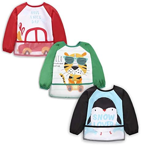 3 Pcs Long Sleeved Bib Set | Baby Waterproof Bibs with Pocket |Toddler Bib with Sleeves