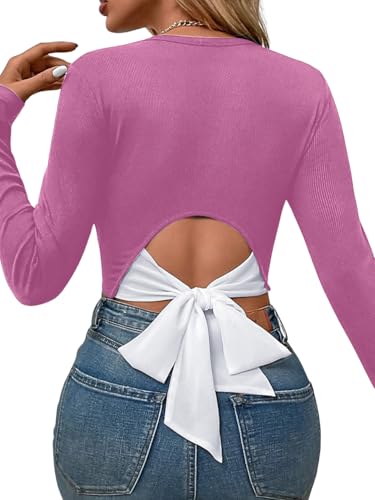 Kaei&Shi Bow Top,Ribbed Long Sleeve Crop Tops for Women,Cute Fall