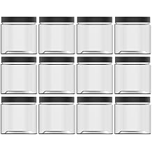 14oz 420ml 12 Pack Empty Clear Wide Mouth Plastic Jars with Matte Black Lids and Labels - Round PET Containers for Food Storage and Dry Goods,Craft and More - BPA Free