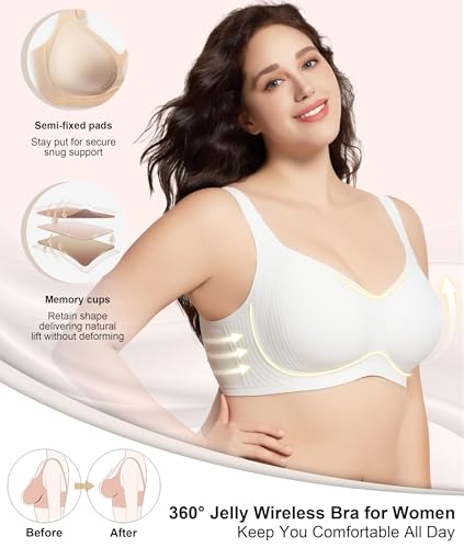 VRCOMFY Wireless Jelly Bras for Women,Supportive Seamless T-Shirt Bras,Push Up Comfortable No Underwire Bra with Everyday Bras White — view 3