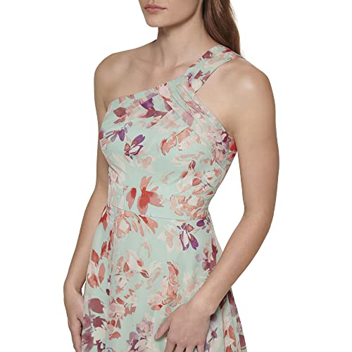 Eliza J Women's Gown Style Printed Chiffon Sleeveless Asymetrical One Shoulder Dress, Mint #TOP4