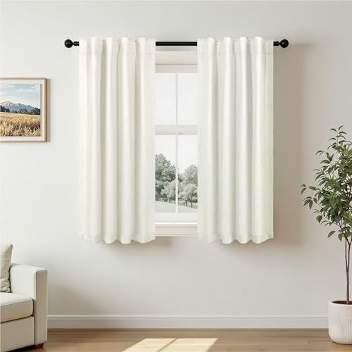 Pitalk Textured Linen Blackout Curtains 45 Inches Long 2 Panels Bathroom Window Curtain Short for Bedroom Kitchen Cafe Privacy Decorative Boho Farmhouse Thermal Insulated 36 x 45 Length Cream Ivory