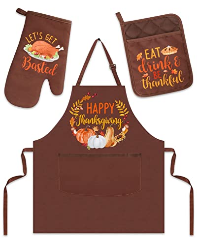 Thanksgiving Apron Mitt and Pot Holder Thanksgiving Kitchen Gift Set Happy Thanksgiving Fall Turkey Cooking Chef Adjustable Baking Apron Funny Housewarming Friendsgiving Wedding Gifts for Women