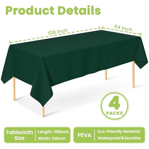 Image of Mulbozy 4 Pcs Dark Green Plastic Table Cloth Disposable, 54 x108 Inch